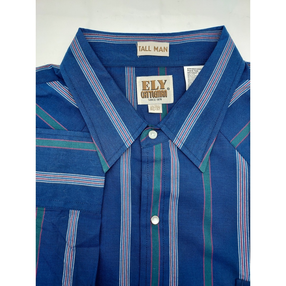Ely Cattleman 2XL Tall Blue‎ Striped Western Shirt Cowboy Rodeo Long Sleeve